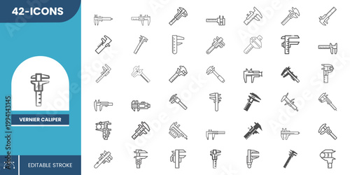 Vernier Caliper Icon Collection – Clean Flat Design for Precision Tools, Mechanical Measurement, Workshop and Engineering Use.