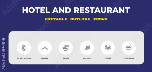 outline hotel and restaurant icons set - do not disturb, hanger, ramen. editable vector for web and mobile ui