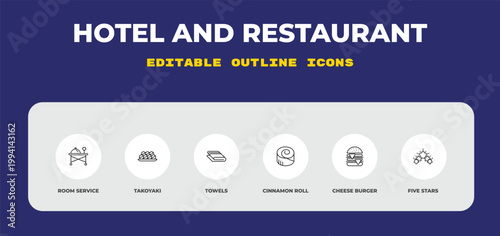 outline hotel and restaurant icons set - room service, takoyaki, towels. editable vector for web and mobile ui