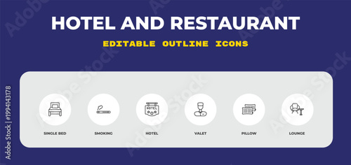 outline hotel and restaurant icons set - single bed, smoking, hotel. editable vector for web and mobile ui