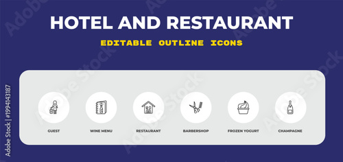 outline hotel and restaurant icons set - guest, wine menu, restaurant. editable vector for web and mobile ui