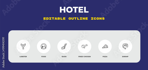 outline hotel icons set - lobster, food, sushi. editable vector for web and mobile ui