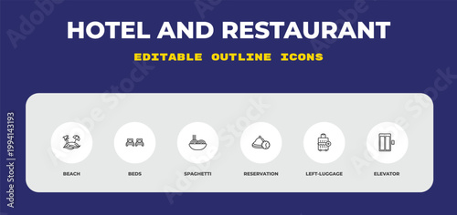outline hotel and restaurant icons set - beach, beds, spaghetti. editable vector for web and mobile ui