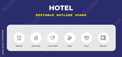 outline hotel icons set - free wifi, nightstand, toilet paper. editable vector for web and mobile ui