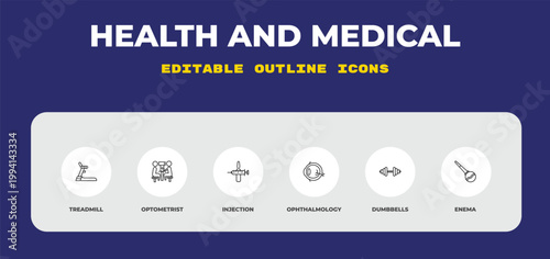 outline health and medical icons set - treadmill, optometrist, injection. editable vector for web and mobile ui