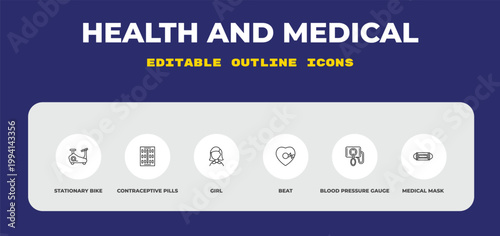 outline health and medical icons set - stationary bike, contraceptive pills, girl. editable vector for web and mobile ui