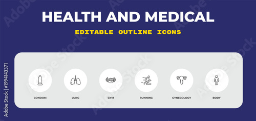 outline health and medical icons set - condom, lung, gym. editable vector for web and mobile ui