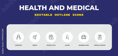 outline health and medical icons set - handgrip, serum, medical file. editable vector for web and mobile ui