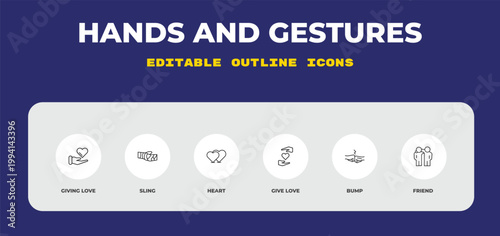 outline hands and gestures icons set - giving love, sling, heart. editable vector for web and mobile ui