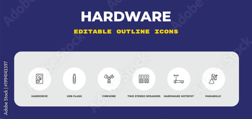 outline hardware icons set - harddrive, usb flash, firewire. editable vector for web and mobile ui