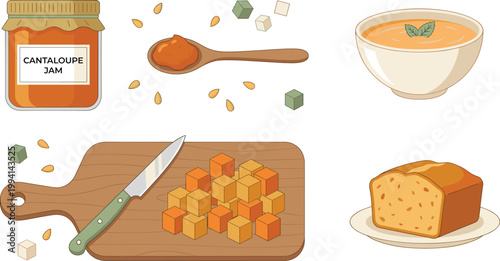 Cantaloupe Jam and Dessert Preparation Vector Set Featuring Fruit Preserve, Cutting Board, Knife, Bread, and Sweet Food Ingredients in Flat Style