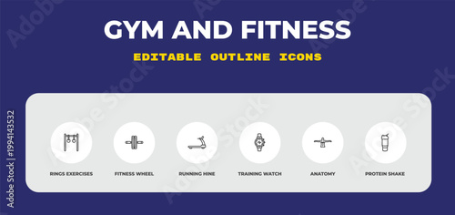outline gym and fitness icons set - rings exercises, fitness wheel, running hine. editable vector for web and mobile ui