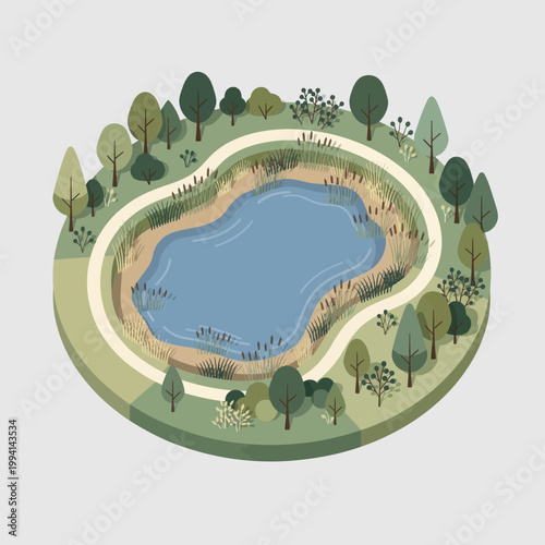Isometric view of a pond with trees and path in a park