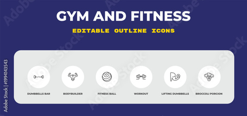 outline gym and fitness icons set - dumbbells bar, bodybuilder, fitness ball. editable vector for web and mobile ui