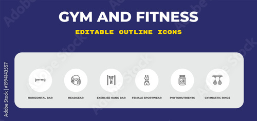outline gym and fitness icons set - horizontal bar, headgear, exercise hang bar. editable vector for web and mobile ui