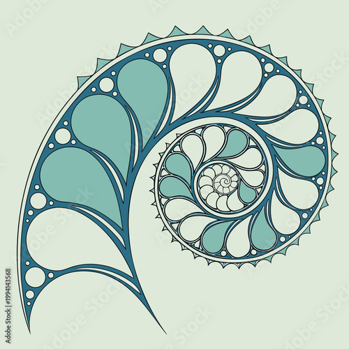 Detailed nautilus shell spiral pattern in blue and teal tones with nautilus geometric illustration abstract decoration symmetry creature underwater nautical detailed minimalist wallpaper