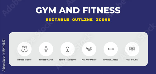 outline gym and fitness icons set - fitness shorts, fitness watch, boxing mannequin. editable vector for web and mobile ui