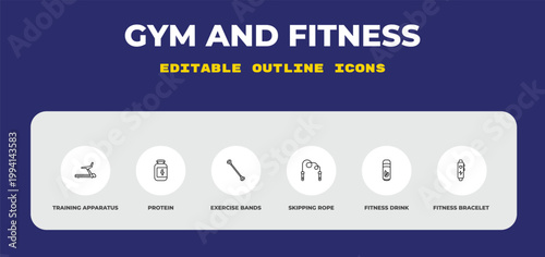 outline gym and fitness icons set - training apparatus, protein, exercise bands. editable vector for web and mobile ui