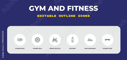 outline gym and fitness icons set - lumbar belt, power ball, riding bicycle. editable vector for web and mobile ui