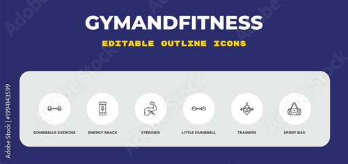 outline gymandfitness icons set - dumbbells exercise, energy snack, steroids. editable vector for web and mobile ui
