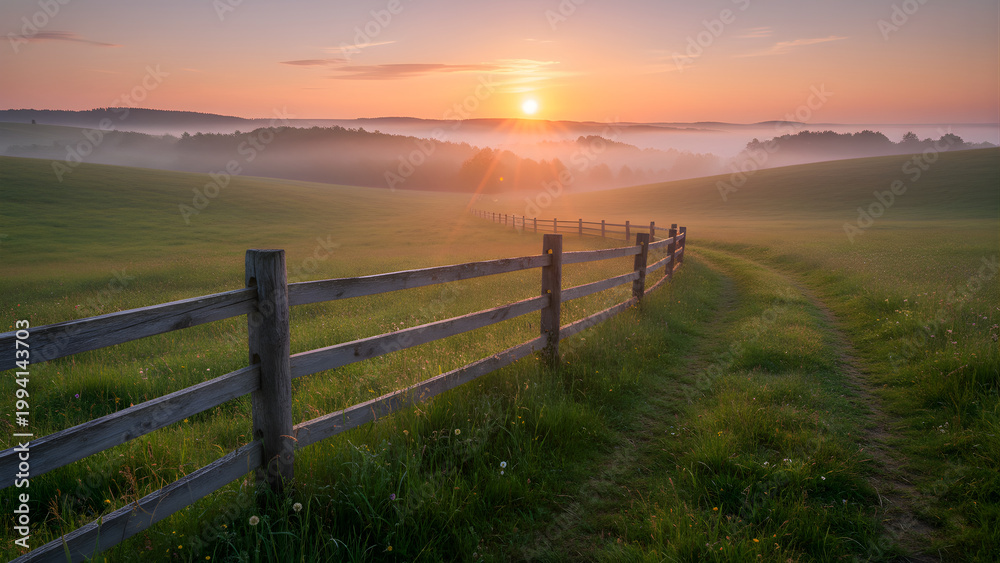 Obraz premium Sunrise over rolling green hills fence.