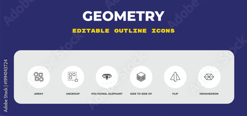 outline geometry icons set - array, ungroup, polygonal elephant. editable vector for web and mobile ui