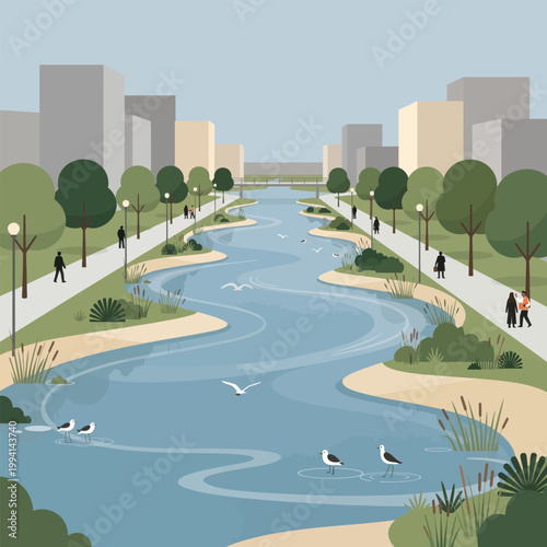 Park scene with river, trees, people, and buildings, showing urban nature