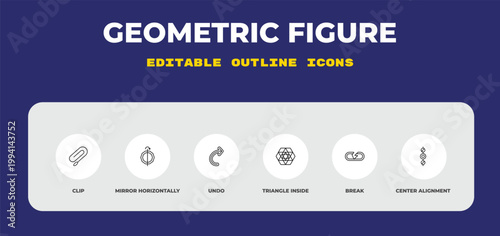 outline geometric figure icons set - clip, mirror horizontally, undo. editable vector for web and mobile ui