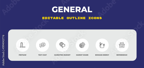 outline general icons set - fretsaw, text chat, marketing budget. editable vector for web and mobile ui
