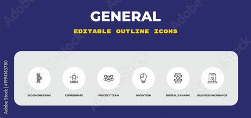outline general icons set - bioengineering, coordinate, project team. editable vector for web and mobile ui