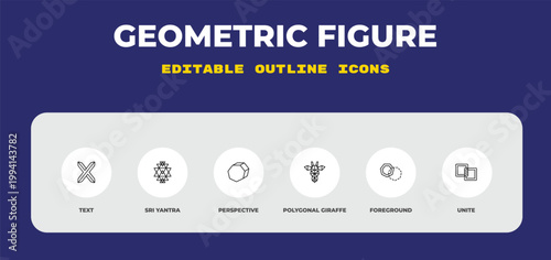 outline geometric figure icons set - text, sri yantra, perspective. editable vector for web and mobile ui