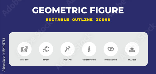 outline geometric figure icons set - segment, import, push pin. editable vector for web and mobile ui