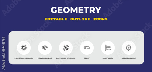 outline geometry icons set - polygonal hexagon, polygonal dog, polygonal windmill. editable vector for web and mobile ui