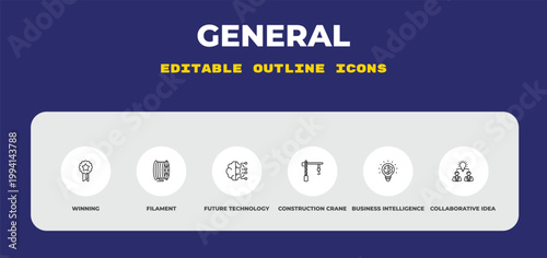 outline general icons set - winning, filament, future technology. editable vector for web and mobile ui