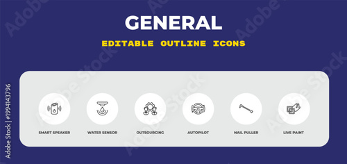 outline general icons set - smart speaker, water sensor, outsourcing. editable vector for web and mobile ui