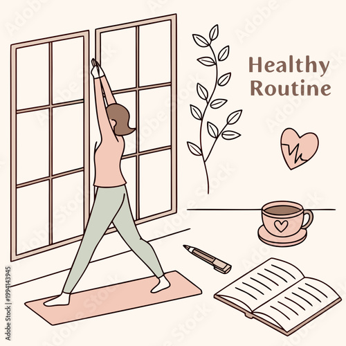 Healthy routine lifestyle illustration with morning exercise and journaling lifestyle exercise stretching journaling wellness planning wellbeing mindfulness minimalist illustration training
