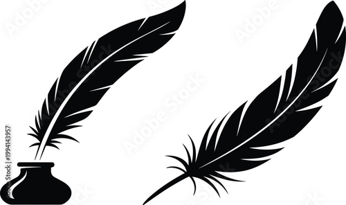 Quill pens, feather quills, writing tools, black icons, vector graphics