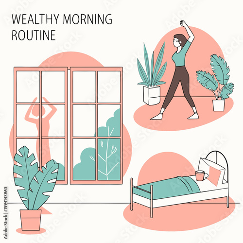 Wealthy morning routine flat design illustration with lifestyle wellness stretching exercise activity illustration interior wellbeing training positivity minimalist homebody furniture