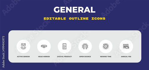 outline general icons set - active sensor, head mirror, digital product. editable vector for web and mobile ui