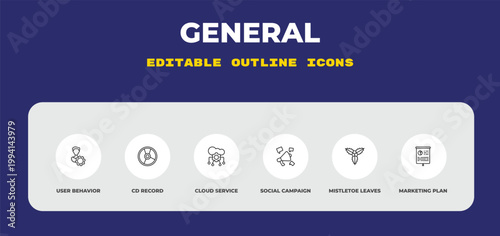 outline general icons set - user behavior, cd record, cloud service. editable vector for web and mobile ui