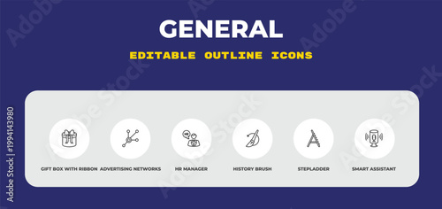 outline general icons set - gift box with ribbon, advertising networks, hr manager. editable vector for web and mobile ui