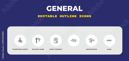 outline general icons set - advertising agency, building crane, smart contract. editable vector for web and mobile ui