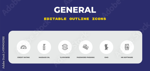outline general icons set - credit rating, massage oil, clockwise. editable vector for web and mobile ui