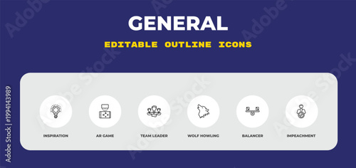outline general icons set - inspiration, ar game, team leader. editable vector for web and mobile ui