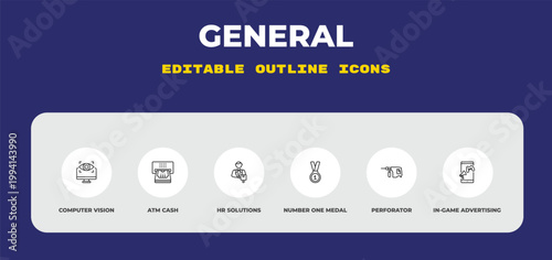 outline general icons set - computer vision, atm cash, hr solutions. editable vector for web and mobile ui