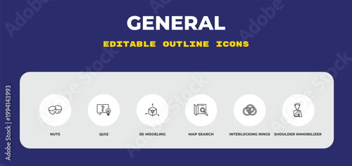 outline general icons set - nuts, quiz, 3d modeling. editable vector for web and mobile ui