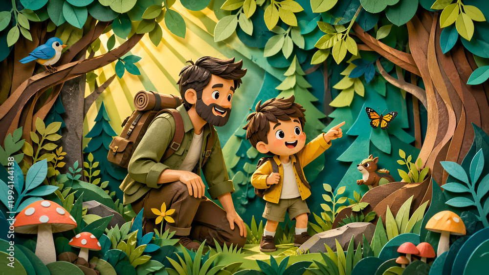 Naklejka premium Happy Family Day Father Child Forest Scene