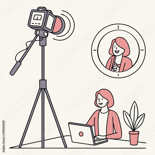 Woman vlogging or recording content at home with recording broadcast influencer internet communication streaming production professional technology equipment business creative strategy
