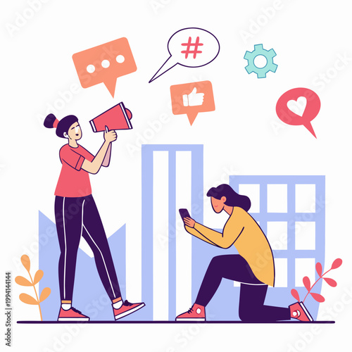Social media marketing team with megaphone and app icons marketing megaphone smartphone promotion broadcast communication business strategy influencer advertising announcement publicity