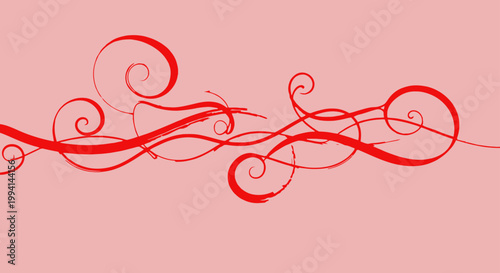 red calligraphic flourishes and elegant decorative swirls form an artistic abstract design on a light pink background ideal for digital decor.